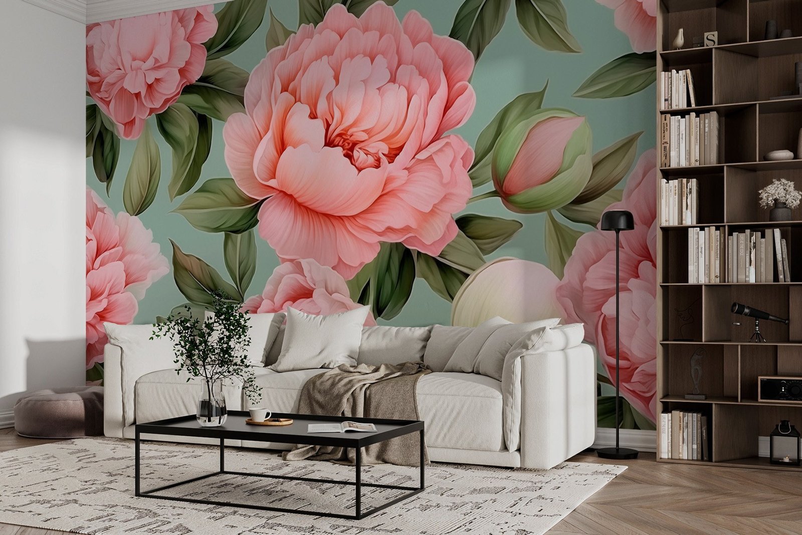 w02570pig18r.jpg Papier peint – Pivoines corail et feuillage vert – Image 1