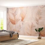Papier peint – Feuilles rose pêche sur fond clair