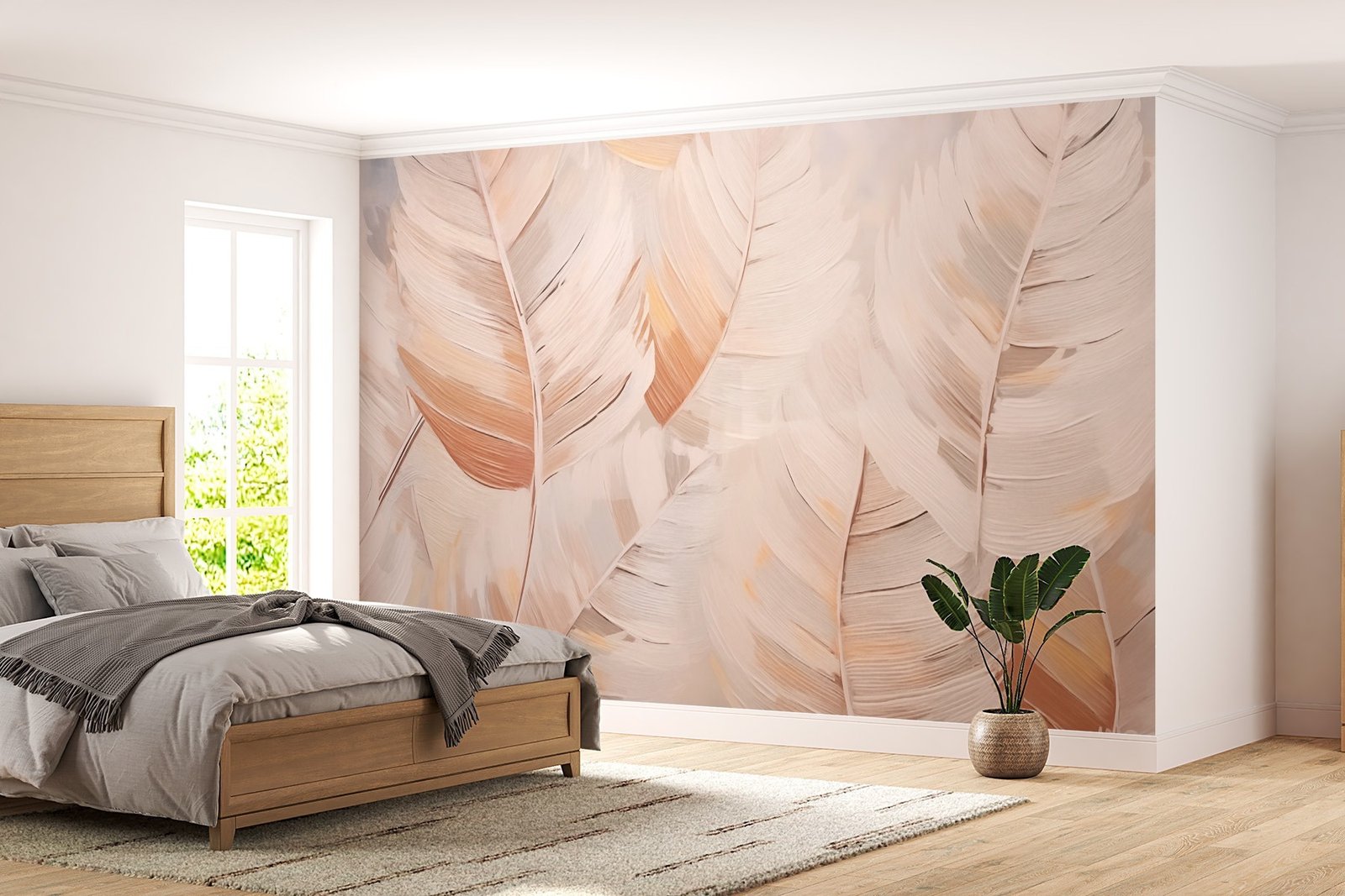 w02576pib76r.jpg Papier peint – Feuilles rose pêche sur fond clair – Image 1