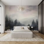 Papier peint – Sapins et montagnes sous un ciel pastel