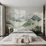 Papier peint – Montagnes vertes et brume blanche