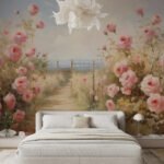 Papier peint – Allée fleurie et roses roses