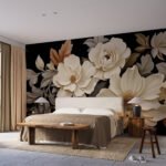 Papier peint – Fleurs crème sur fond noir