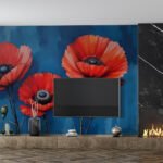 Papier peint – Coquelicots rouges sur fond bleu