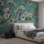 Papier peint – Branches fleuries blanches sur fond turquoise