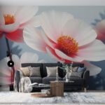 Papier peint – Fleurs blanches aux cœurs rouges