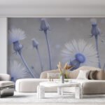 Papier peint – Marguerites bleues sur fond gris