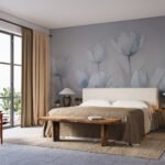 Papier peint – Coquelicots bleu pâle sur fond gris