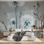 Papier peint – Pissenlits blancs sur fond bleu