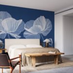 Papier peint – Coquelicots blancs au trait sur fond bleu