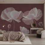 Papier peint – Coquelicots blancs au trait sur fond bordeaux