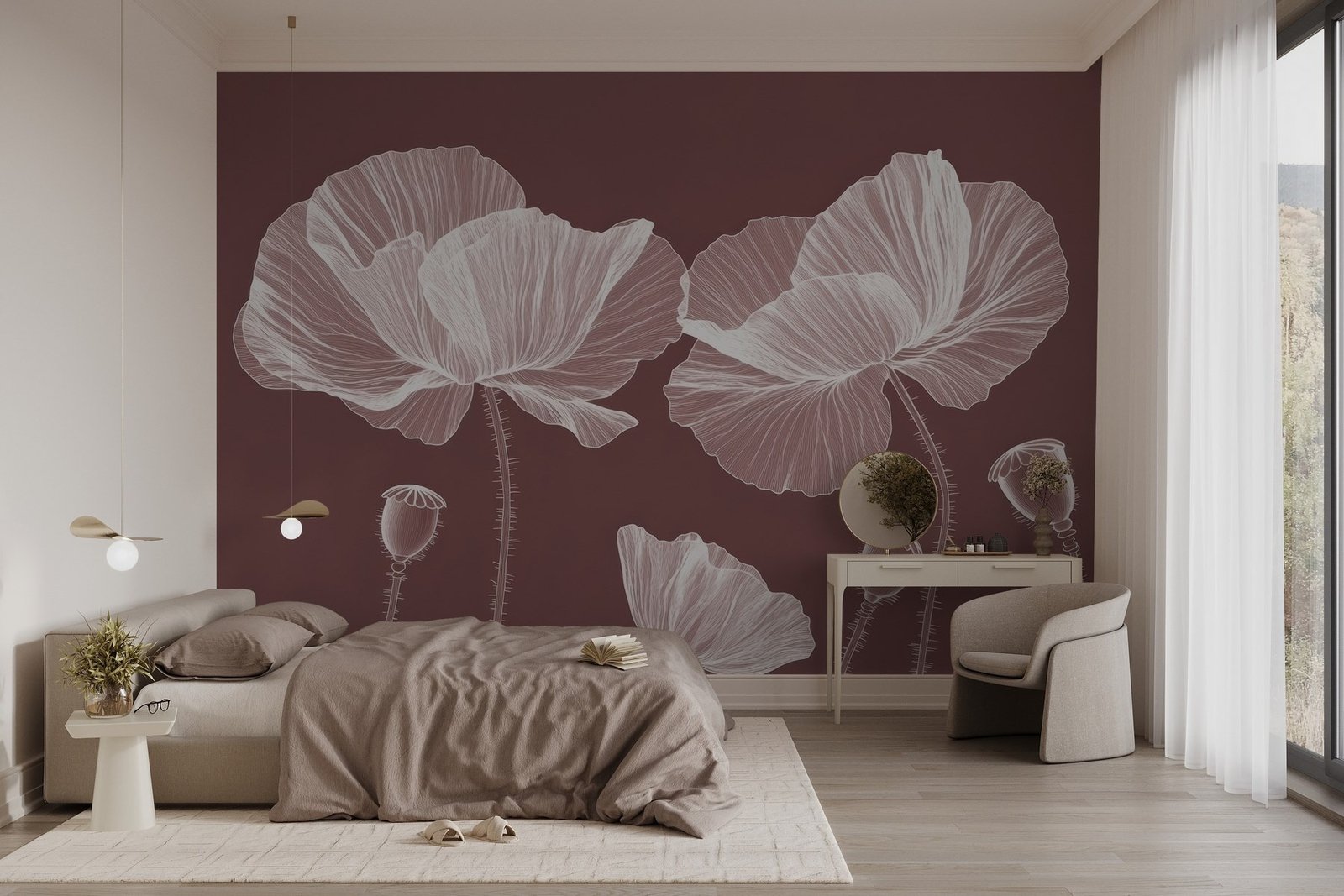w02622v1pib2mr.jpg Papier peint – Coquelicots blancs au trait sur fond bordeaux – Image 1