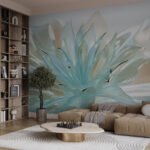 Papier peint – Fleur abstraite turquoise et beige