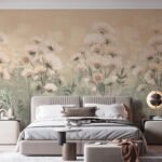 Papier peint – Fleurs blanches sur fond beige patiné