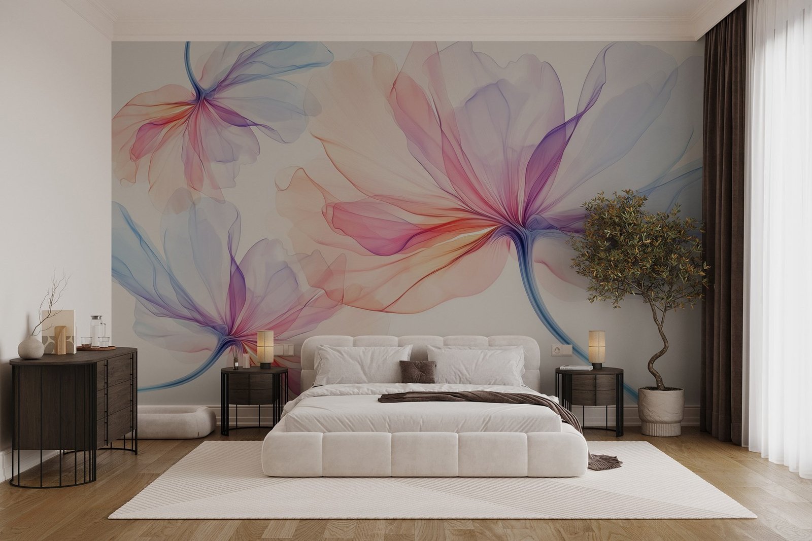 w02631pib4r.jpg Papier peint – Fleurs abstraites roses et bleues – Image 1