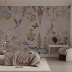 Papier peint – Tiges fleuries multicolores sur fond crème