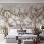 Papier peint – Fleurs blanches et branches brunes