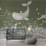 Papier peint – Baleine blanche et petits poissons sur fond kaki