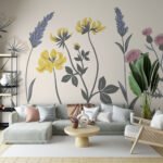 Papier peint – Fleurs champêtres jaunes et violettes