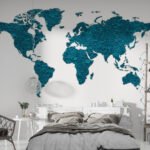 Papier peint – Carte du monde bleu canard sur fond blanc
