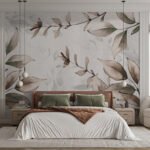 Papier peint – Branches fleuries beiges sur fond blanc