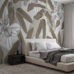 Papier peint – Feuillage beige et blanc au trait