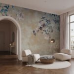 Papier peint – Fleurs bleues en cascade sur fond beige