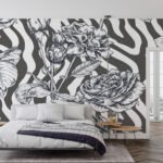 Papier peint – Roses et rayures en noir et blanc