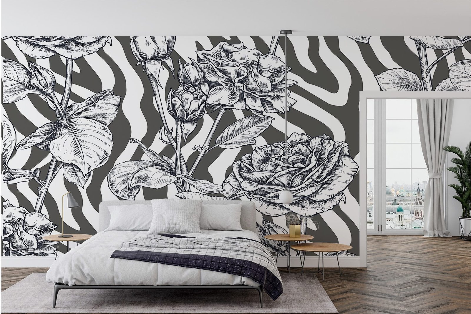 w02692pib67r.jpg Papier peint – Roses et rayures en noir et blanc – Image 1