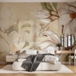 Papier peint – Fleurs crème et feuillage beige