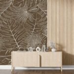 Papier peint – Feuilles au trait doré sur fond brun