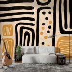 Papier peint – Motifs graphiques noirs, blancs et ocre
