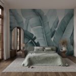Papier peint – Grandes feuilles bleu canard en gros plan
