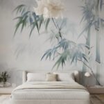 Papier peint – Bambous bleus sur fond crème