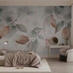 Papier peint – Branche aux feuilles vertes et roses