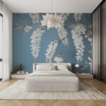 Papier peint – Grappes de fleurs blanches sur fond bleu