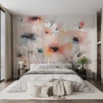 Papier peint – Fleurs abstraites orange, noir et blanc