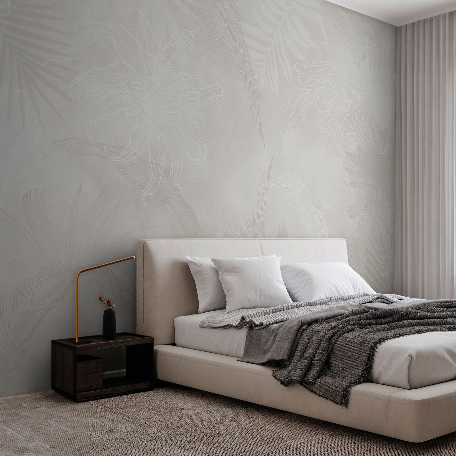 w02737pib64ms.jpg Papier peint – Feuillage blanc au trait sur fond gris – Image 1