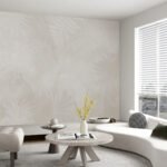Papier peint – Feuillage blanc au trait sur fond crème