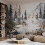 Papier peint – Forêt de sapins au bord d’un lac