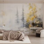 Papier peint – Sapins et arbres d’automne dans la brume
