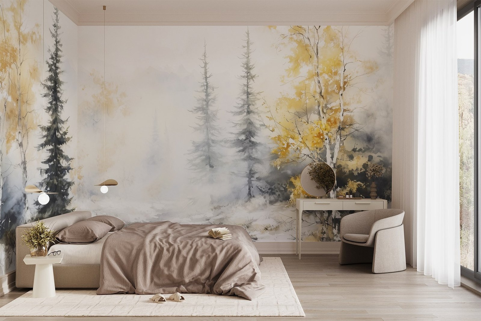 w02742pib5r.jpg Papier peint – Sapins et arbres d’automne dans la brume – Image 1