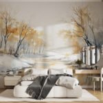 Papier peint – Arbres dorés au bord de l’eau