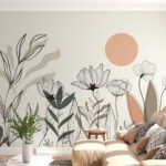 Papier peint – Fleurs au trait noir et soleil corail