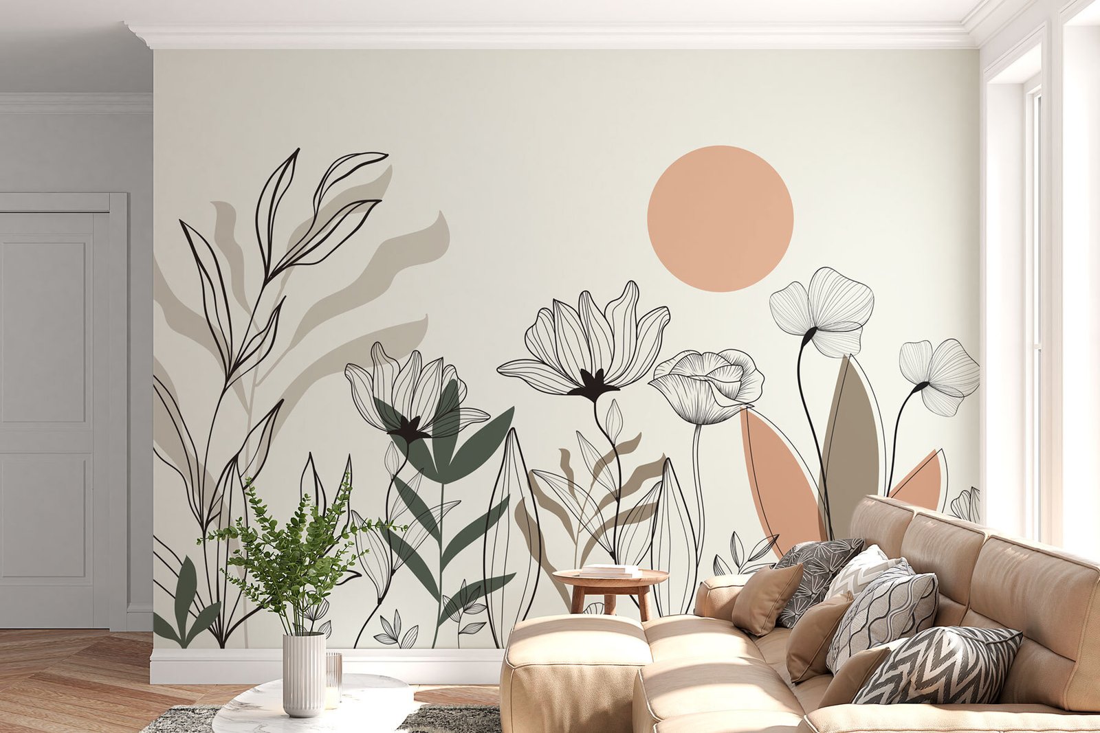 w02753pig1mr.jpg Papier peint – Fleurs au trait noir et soleil corail – Image 1