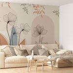 Papier peint – Fleurs au trait et formes beige pastel