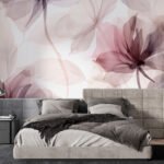 Papier peint – Fleurs mauves et rubans translucides