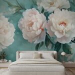 Papier peint – Pivoines blanches sur fond turquoise