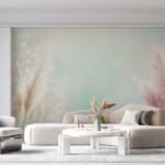 Papier peint – Graminées roses sur fond vert pastel