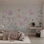 Papier peint – Petites fleurs roses et mauves au trait